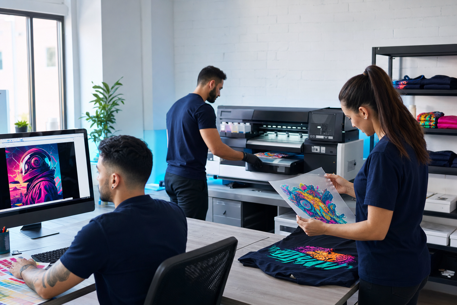 Equipo de tres profesionales de DTFactoria trabajando en diseño, impresión DTF y control de calidad