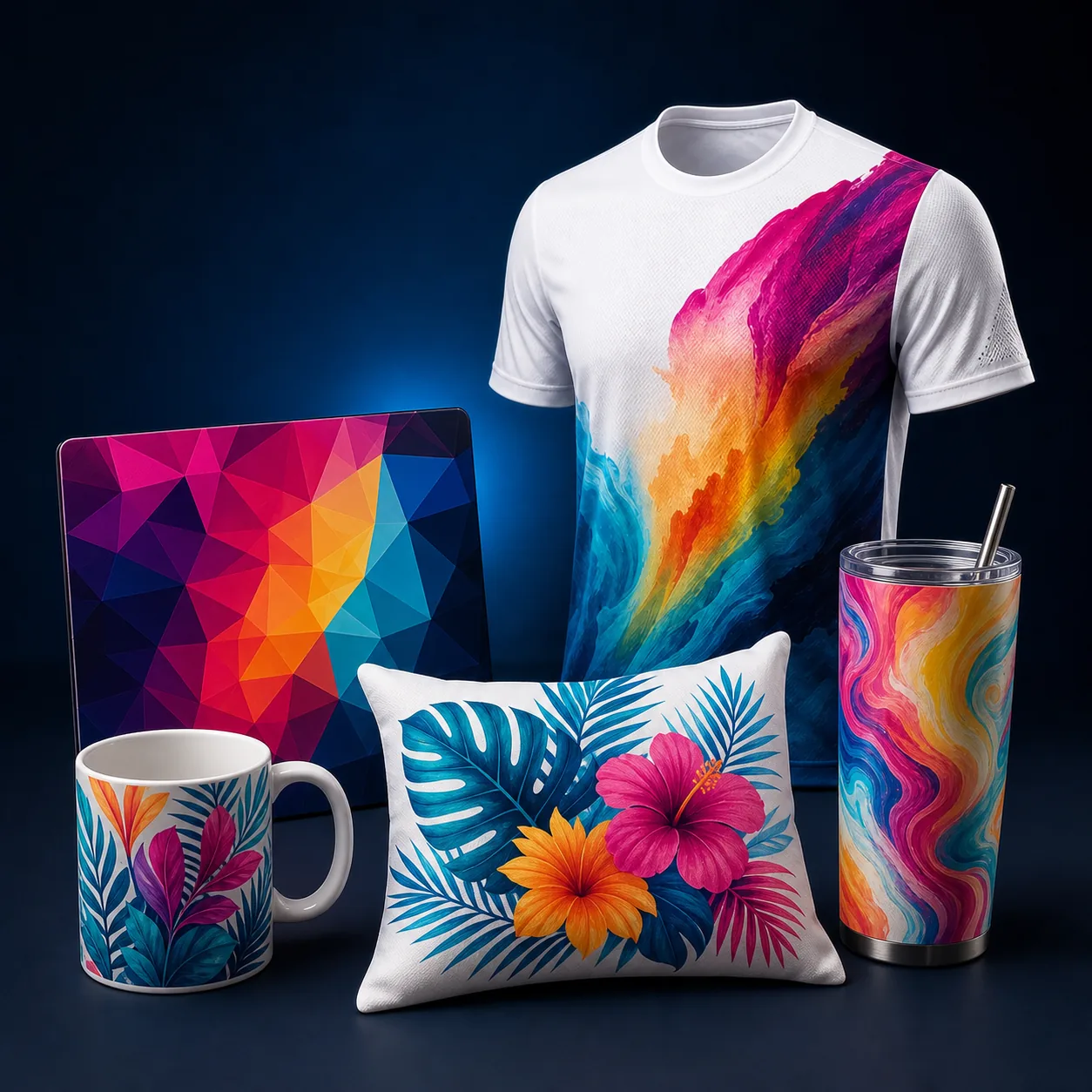 Productos personalizados mediante sublimación: camiseta, taza, cojín, vaso y panel